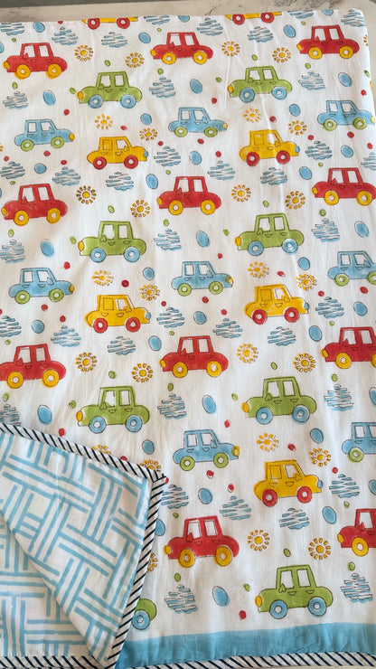 Tiny wheels wonderland– Handblock Print Mul Mul Cotton Dohar