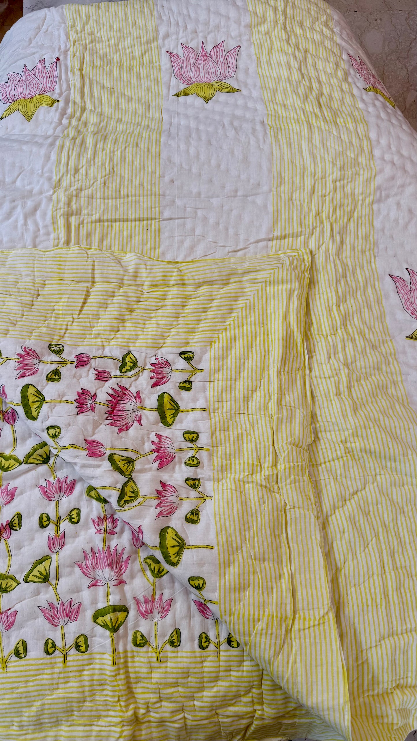 Pink Lotus Serenade Mul Mul Cotton Handblock Printed Quilt