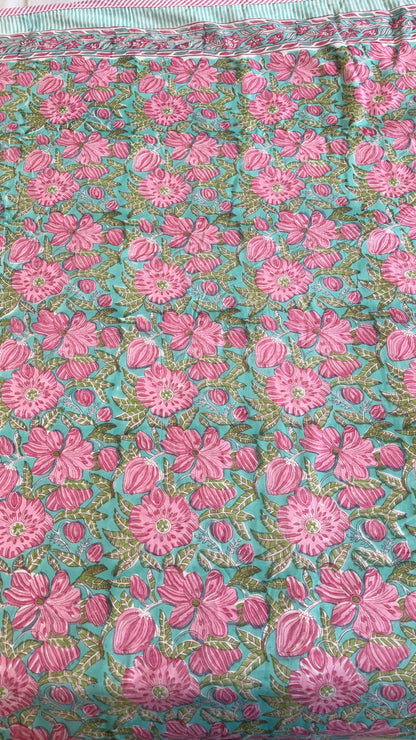Pink Flora Handblock Print Mul Mul Cotton Dohar