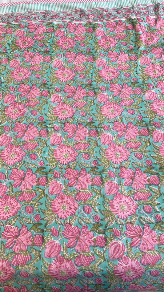 Pink Flora Handblock Print Mul Mul Cotton Dohar