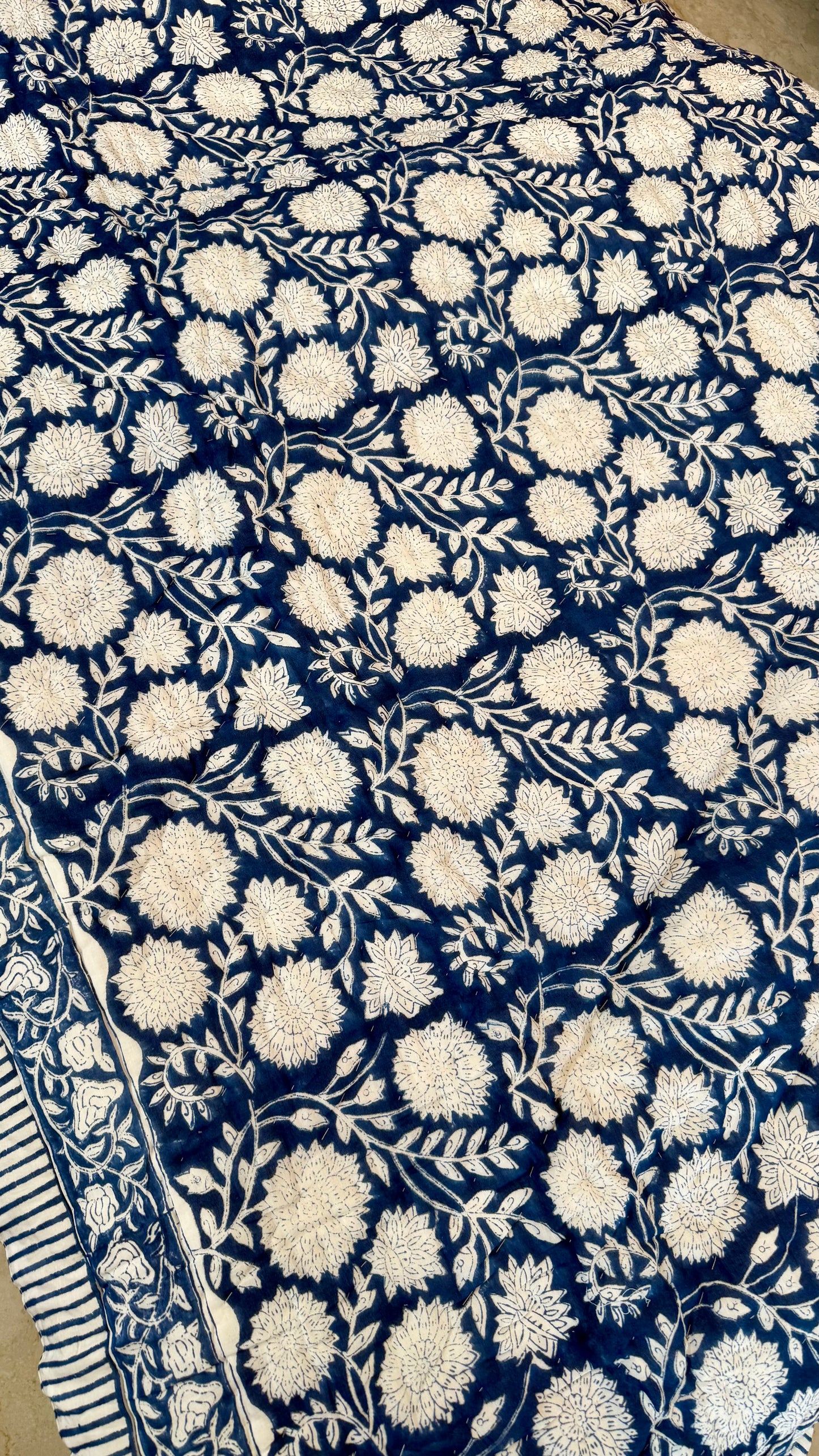 Midnight Indigo Flora Mul Mul Cotton Handblock Printed Quilt