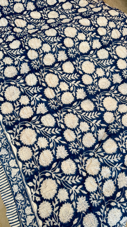 Midnight Indigo Flora Mul Mul Cotton Handblock Printed Quilt