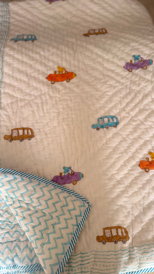 Road Buddies- Handblock Print Mul Mul cotton Quilt