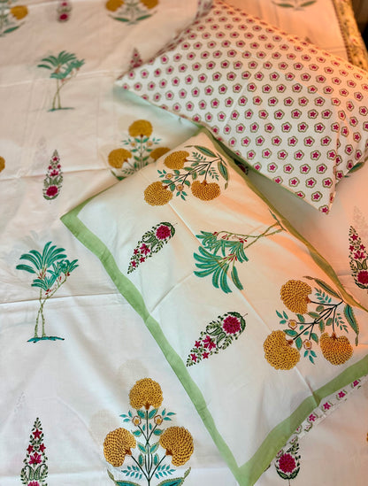 Marigold Bageecha Handblock Printed Cotton Bedsheet
