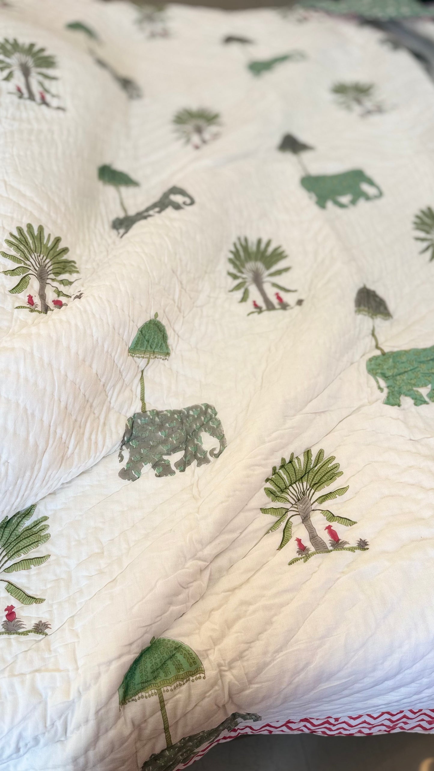 Elephant Garden Mul Mul Cotton Handblock Printed Quilt