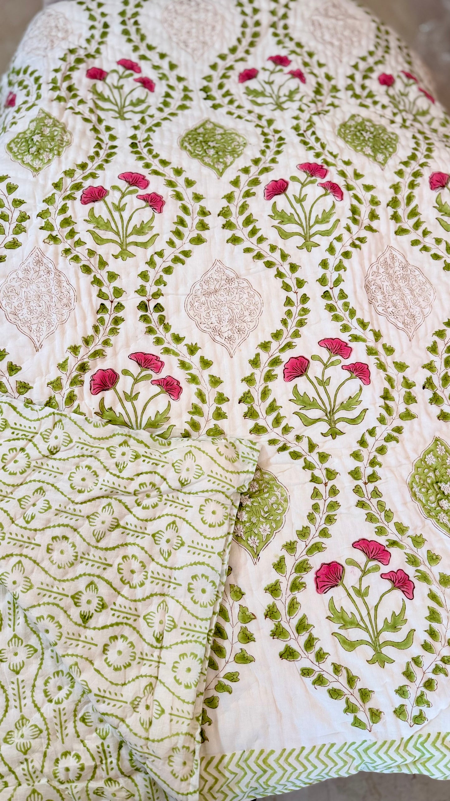 Rose Vine Heritage Mul Mul Cotton Handblock Printed Quilt