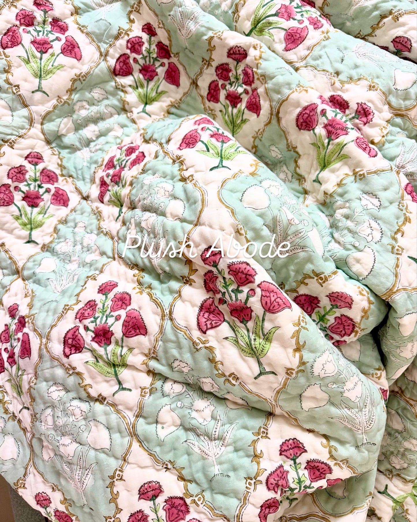 Green Mughal floral jaal Mul Mul Cotton Handblock Printed Quilt