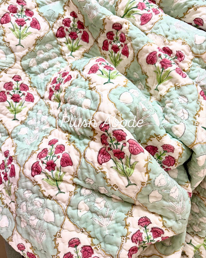 Green Mughal floral jaal Mul Mul Cotton Handblock Printed Quilt