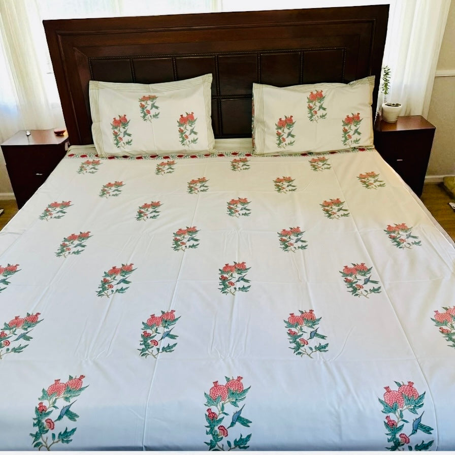Blush Pomegranate Bloom Handblock Printed Cotton Bedsheet