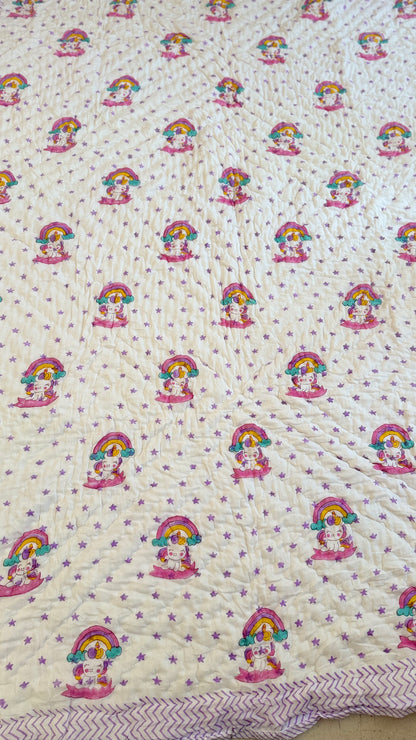 Unicorn stars- Handblock Print Mul Mul cotton Quilt