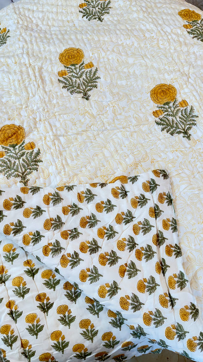 Sunlit Marigold Mul Mul Cotton Handblock Printed Quilt