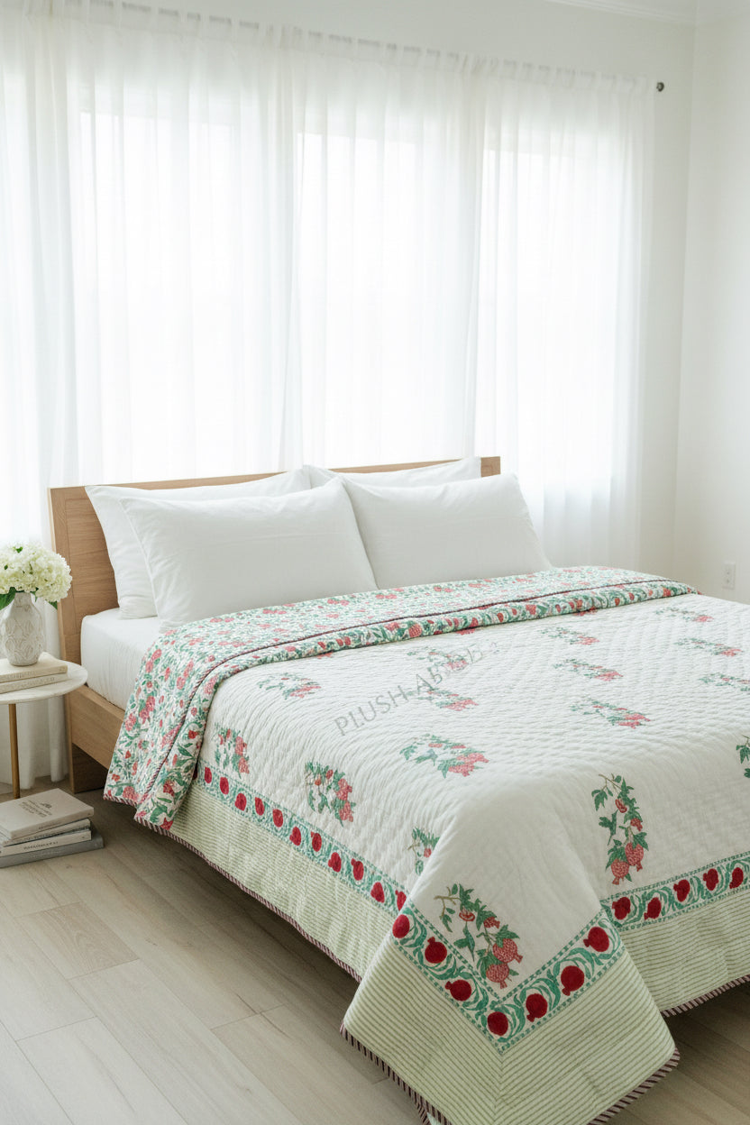 Pomegranate Garden Mul Mul Cotton Handblock Printed Quilt