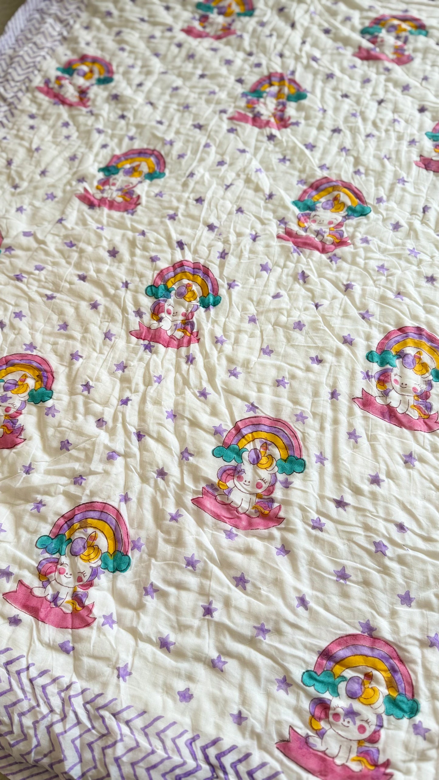 Unicorn stars- Handblock Print Mul Mul cotton Quilt