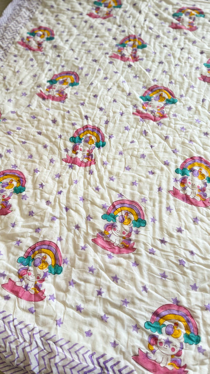 Unicorn stars- Handblock Print Mul Mul cotton Quilt