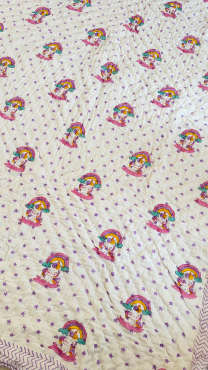 Unicorn stars- Handblock Print Mul Mul cotton Quilt