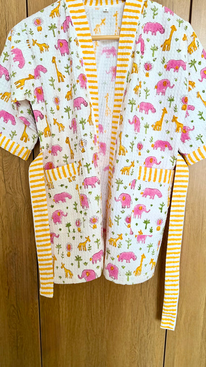 Kids Bathrobe Pink Yellow Giraffe & Elephant Design
