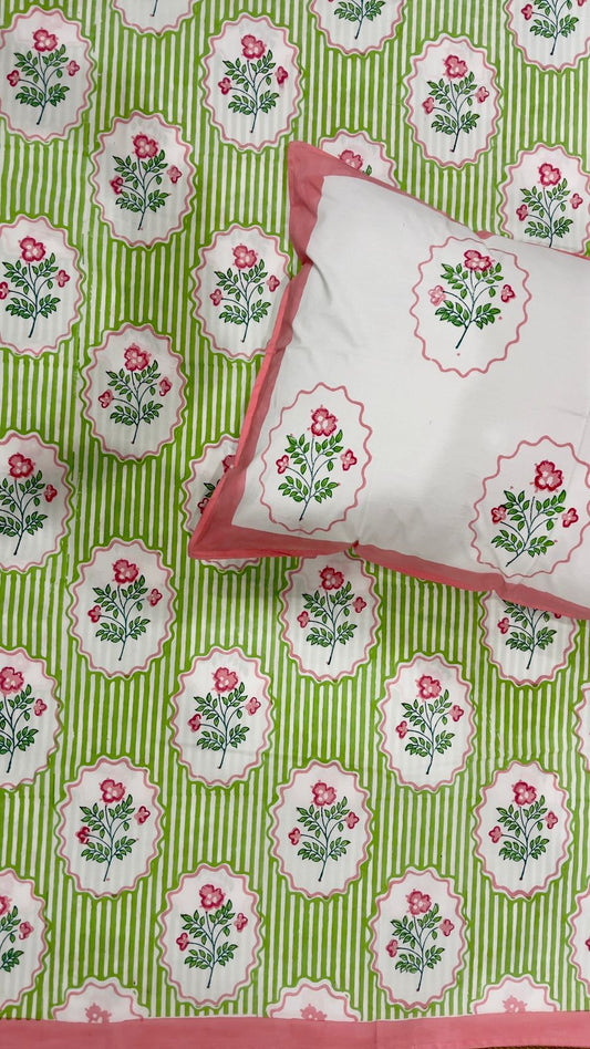 Meadow Stripe Bloom Handblock printed cotton Bedsheet