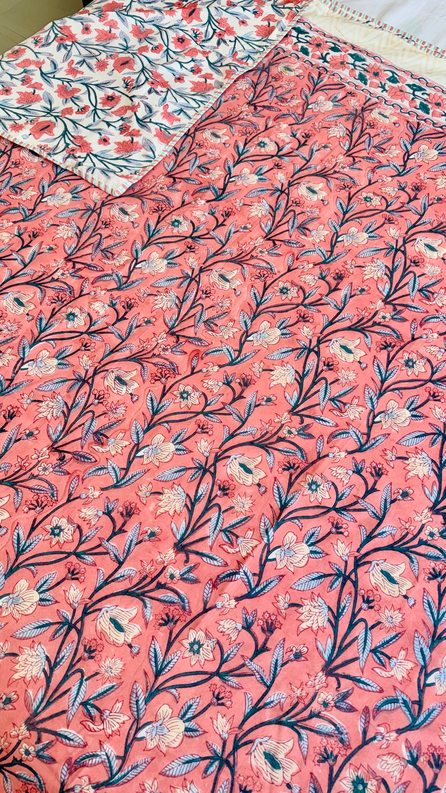 Coral Blossom Handblock Print Mul Mul Cotton Dohar