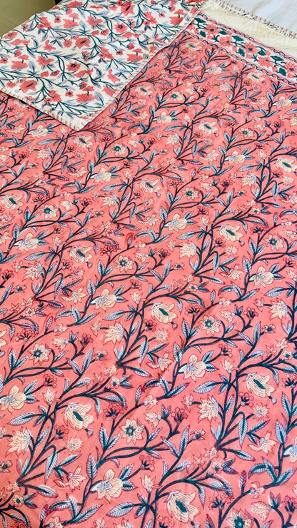 Coral Blossom Handblock Print Mul Mul Cotton Dohar