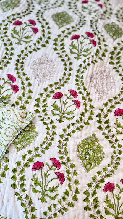 Rose Vine Heritage Mul Mul Cotton Handblock Printed Quilt