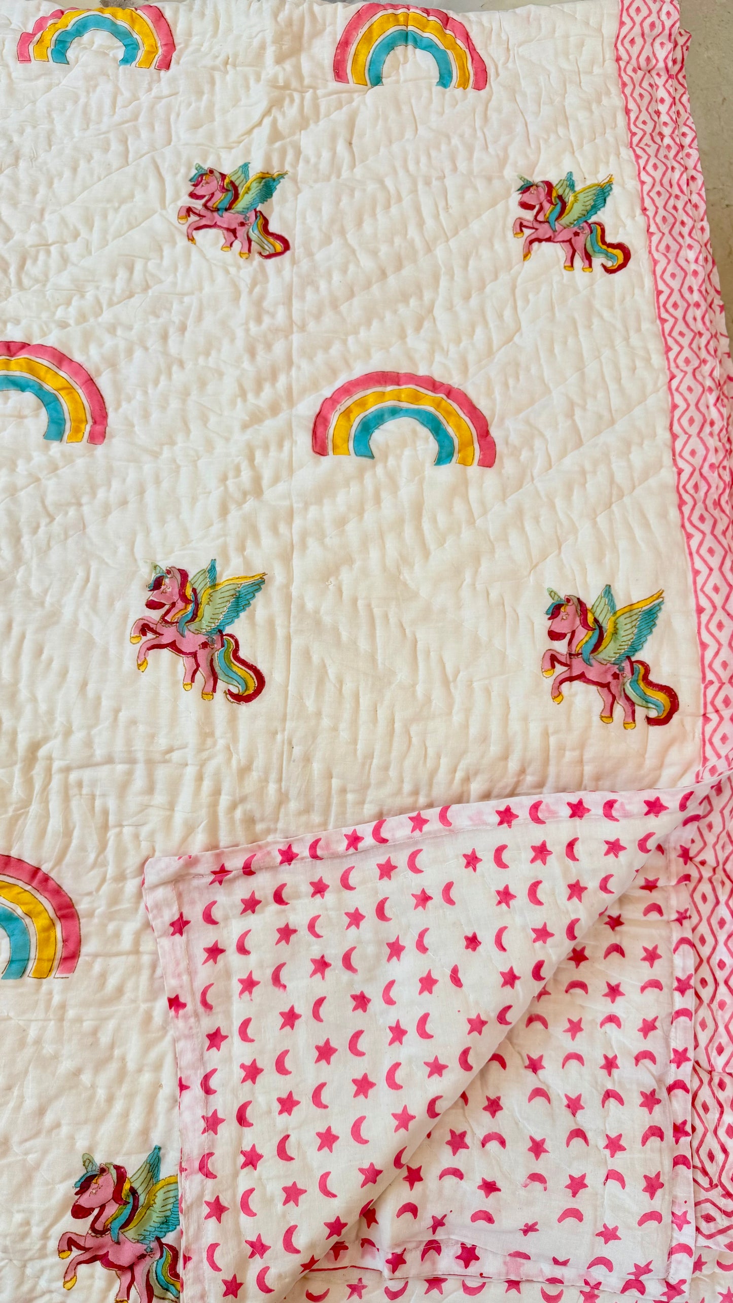 Unicorn Rainbow Handblock Print Mul Mul Cotton Quilt