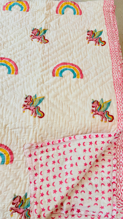 Unicorn Rainbow Handblock Print Mul Mul Cotton Quilt