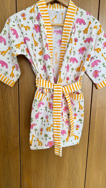 Kids Bathrobe Pink Yellow Giraffe & Elephant Design