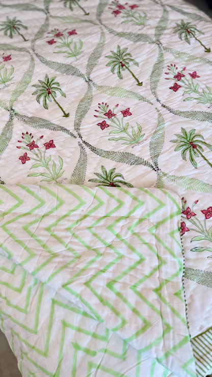 Tropical Palm Grove Mul Mul Cotton Handblock Printed Quilt