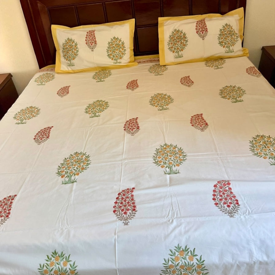 Sunehri Orchard Elegance Handblock Printed Cotton Bedsheet
