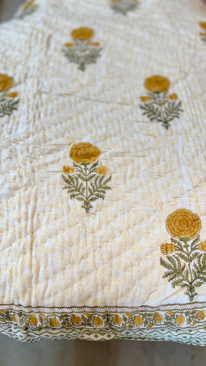 Sunlit Marigold Mul Mul Cotton Handblock Printed Quilt