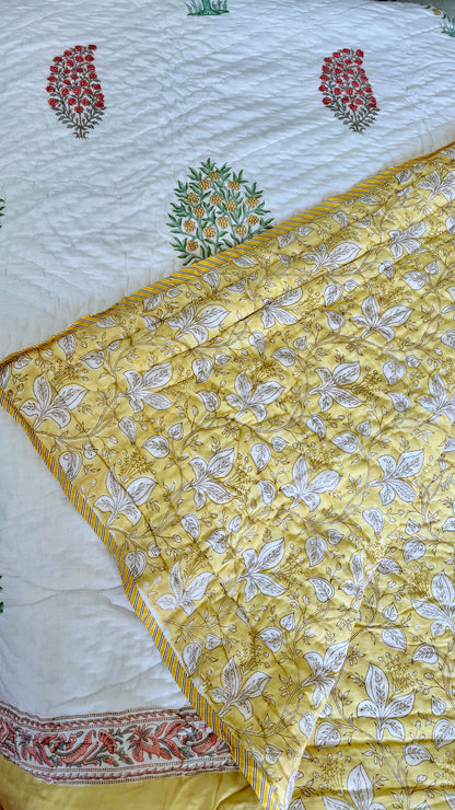 Yellow Tree Mul Mul Cotton Handblock Printed Quilt