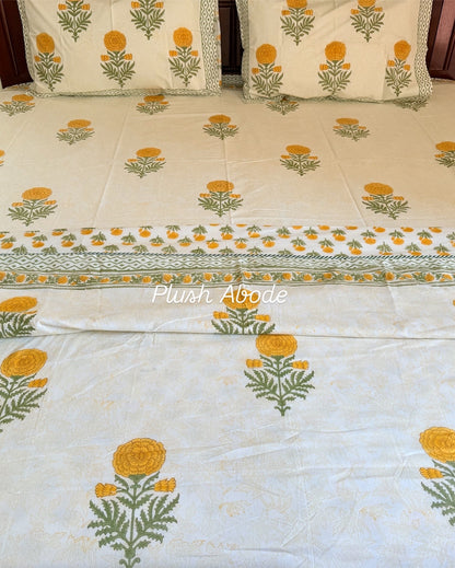 Yellow marigold Garden Mul Mul Cotton Handblock Printed Dohar
