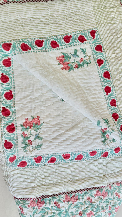 Pomegranate Garden Mul Mul Cotton Handblock Printed Quilt