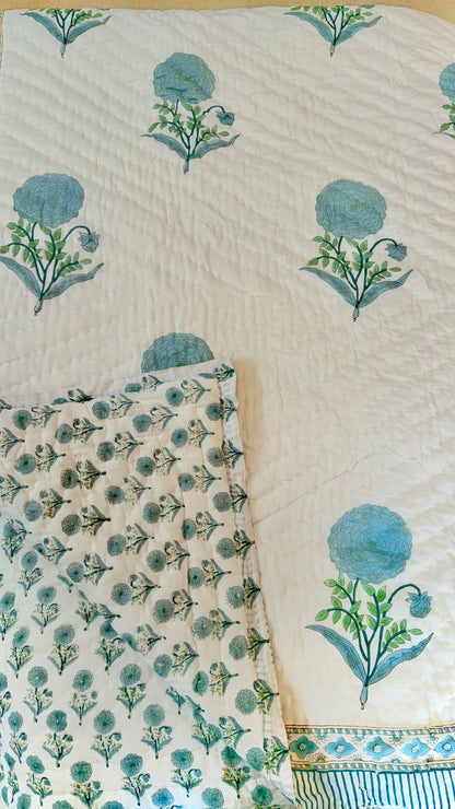 Mint Chrysanthemum Mul Mul Cotton Handblock Printed Quilt