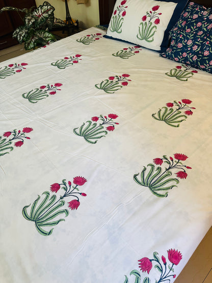 Royal Indigo Tulip Handblock Printed Cotton Bedsheet