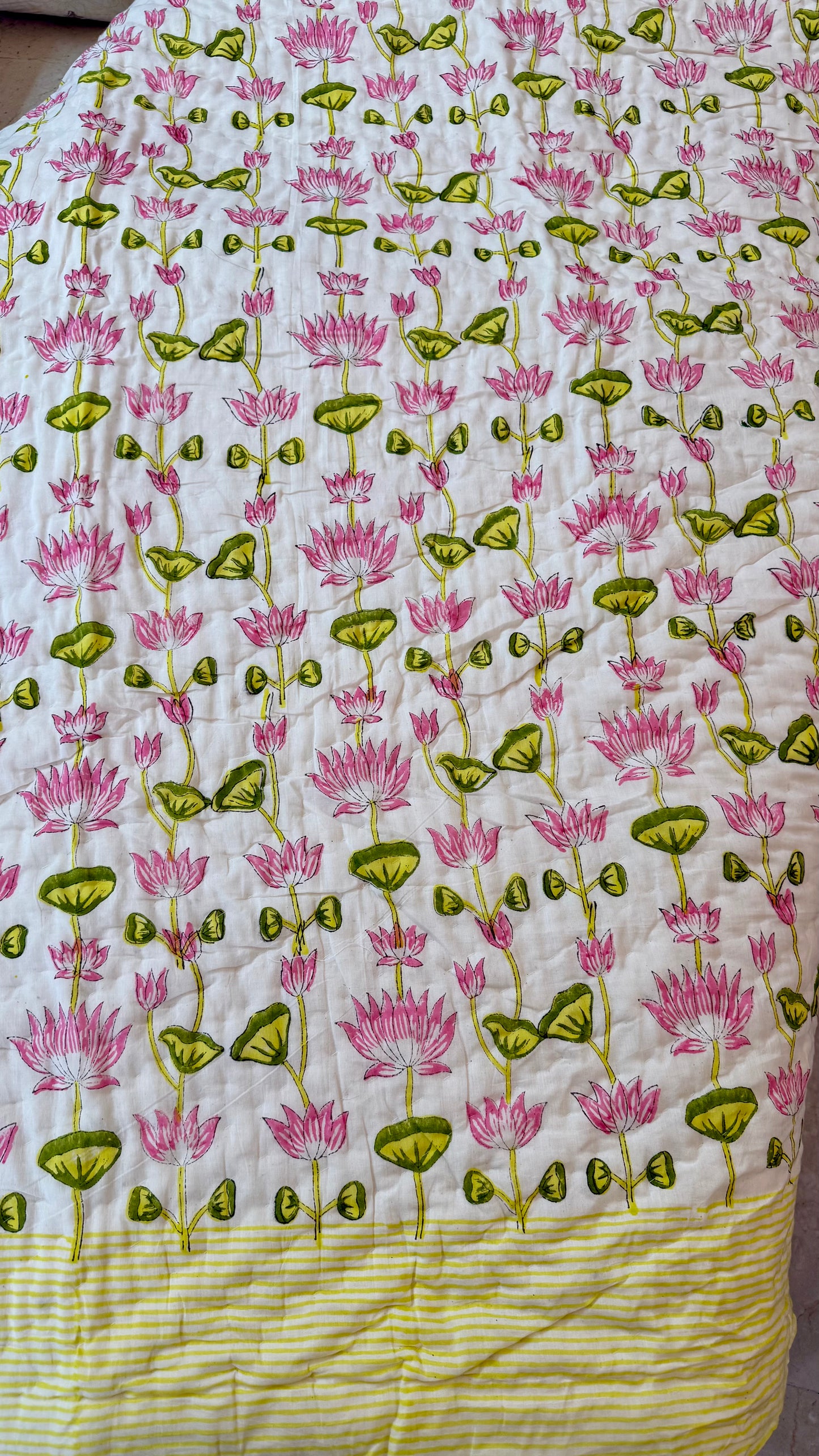Pink Lotus Serenade Mul Mul Cotton Handblock Printed Quilt