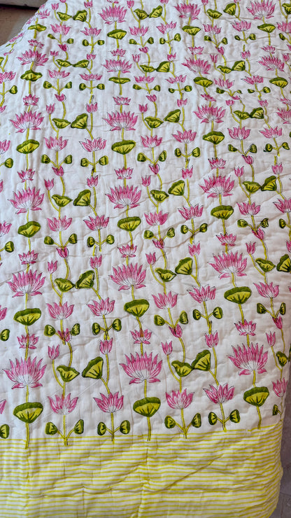 Pink Lotus Serenade Mul Mul Cotton Handblock Printed Quilt