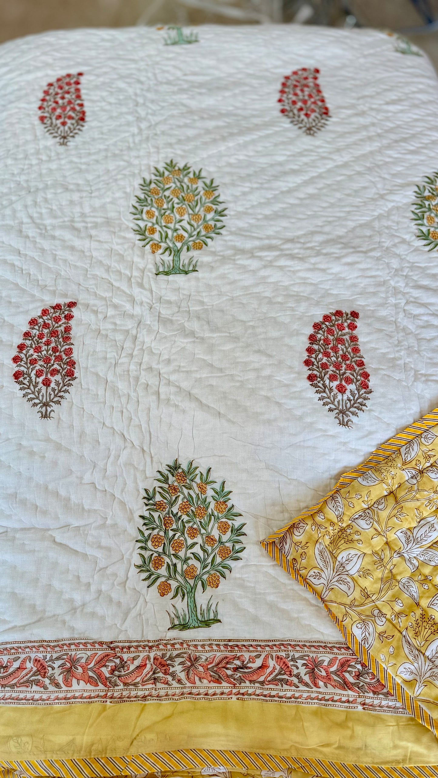 Yellow Tree Mul Mul Cotton Handblock Printed Quilt