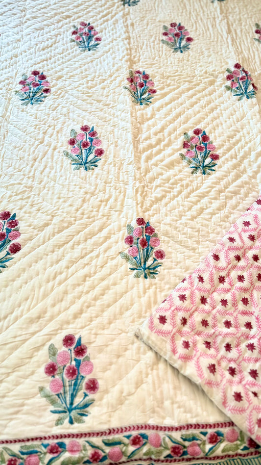 Rosebud Mul Mul Cotton Handblock Printed Quilt