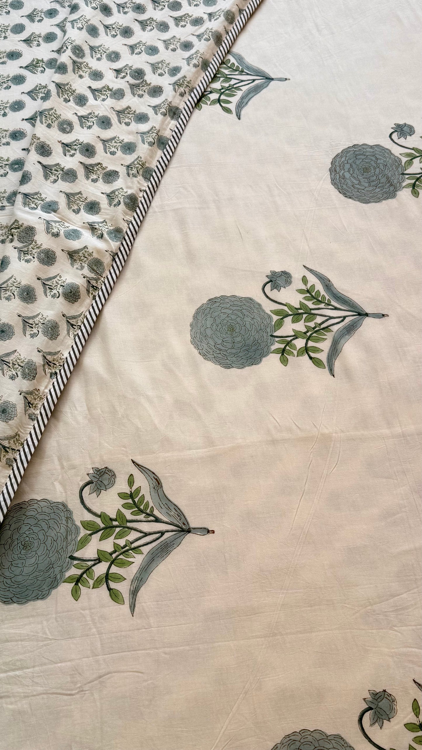 Mint Chrysanthemum Mul Mul Cotton Handblock Printed Dohar