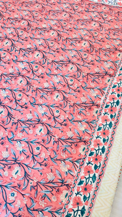 Coral Blossom Handblock Print Mul Mul Cotton Dohar