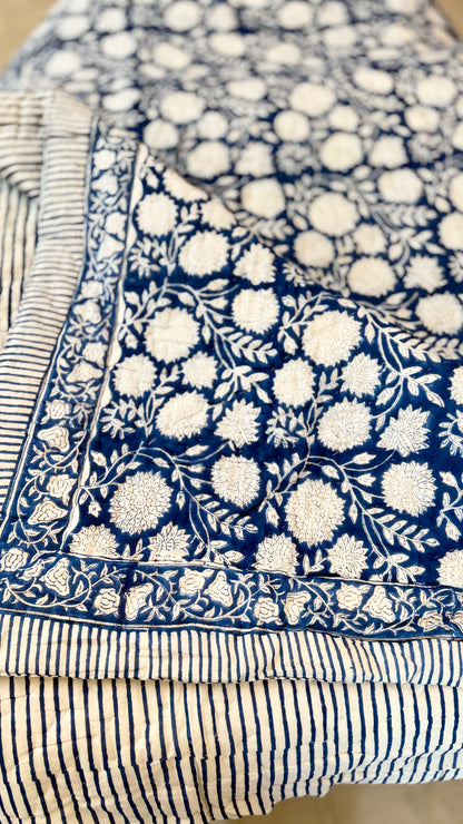 Midnight Indigo Flora Mul Mul Cotton Handblock Printed Quilt