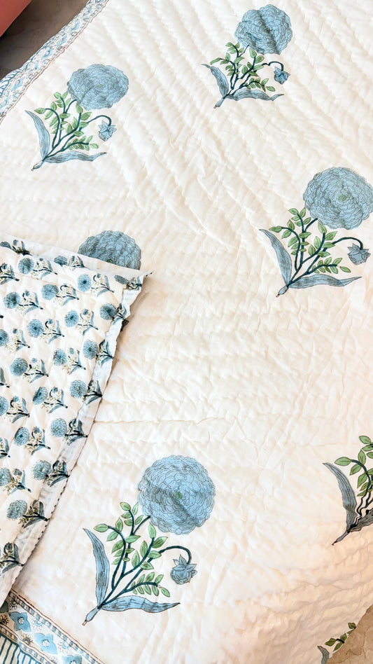 Mint Chrysanthemum Mul Mul Cotton Handblock Printed Quilt