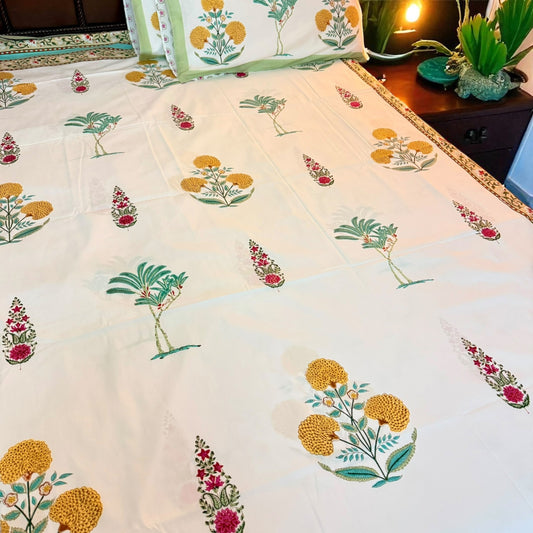Marigold Bageecha Handblock Printed Cotton Bedsheet