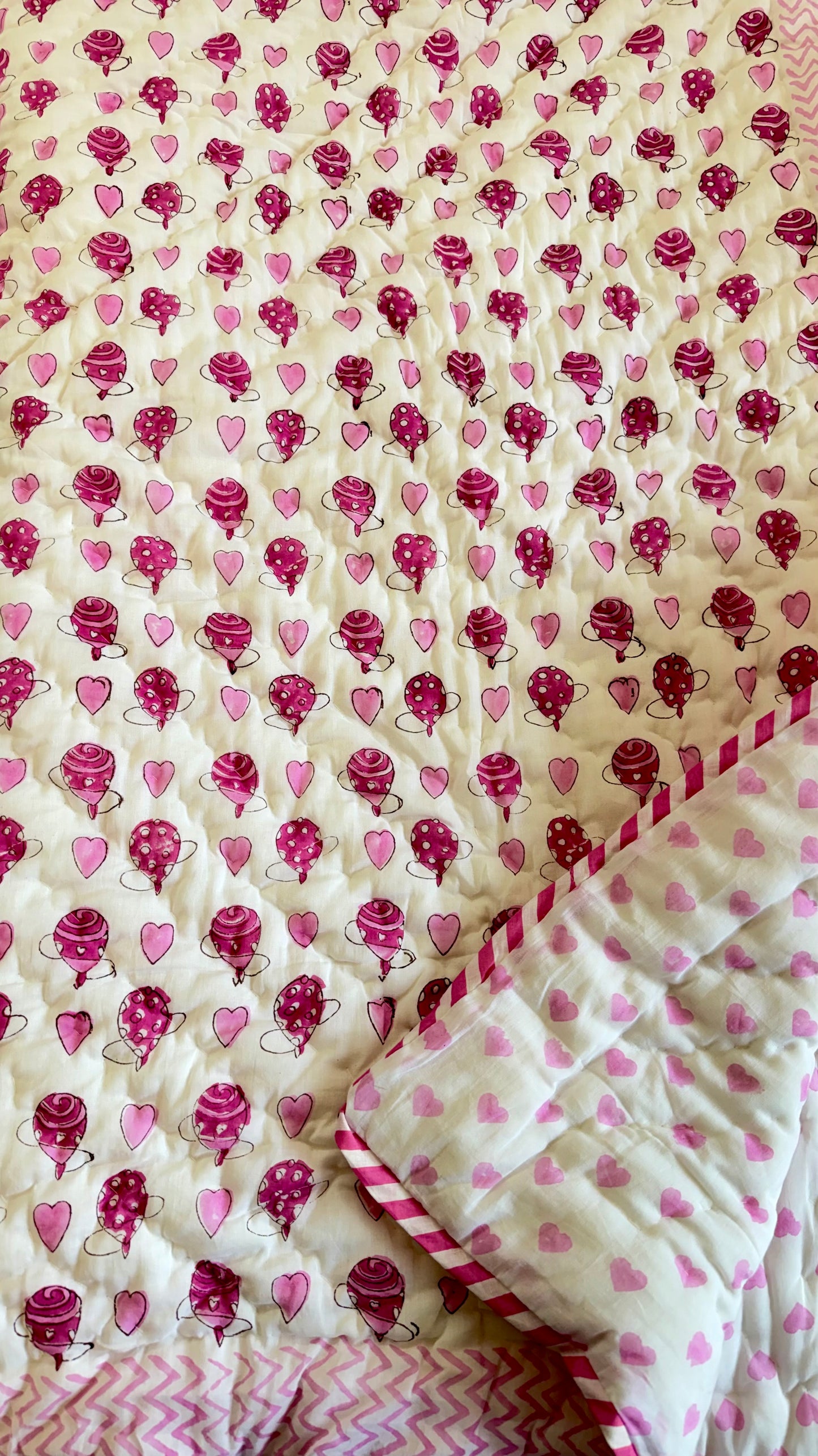 Candy Hearts Handblock Print Mul Mul Cotton Quilt