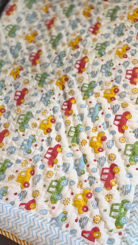 Tiny Wheels Wonderland – Handblock Print Mul Mul Cotton Quilt