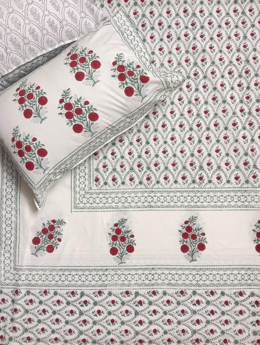 Crimson Mughal Bloom Handblock printed Cotton Bedsheet