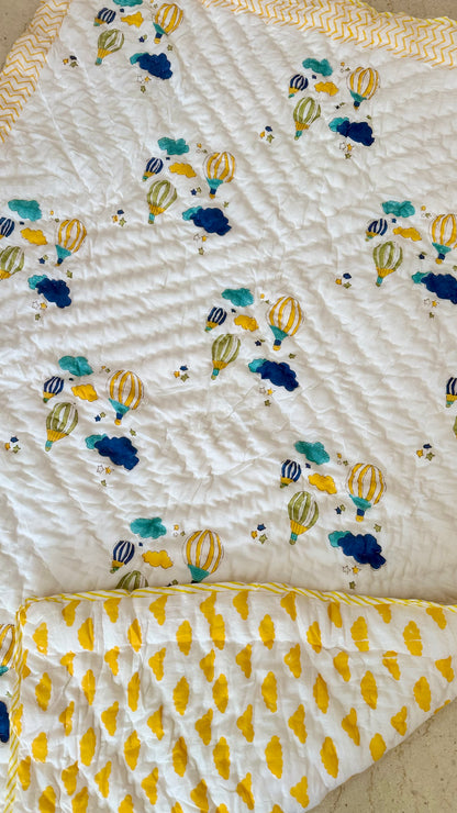Blue Balloon Adventures- Handblock Print Mul Mul cotton Quilt