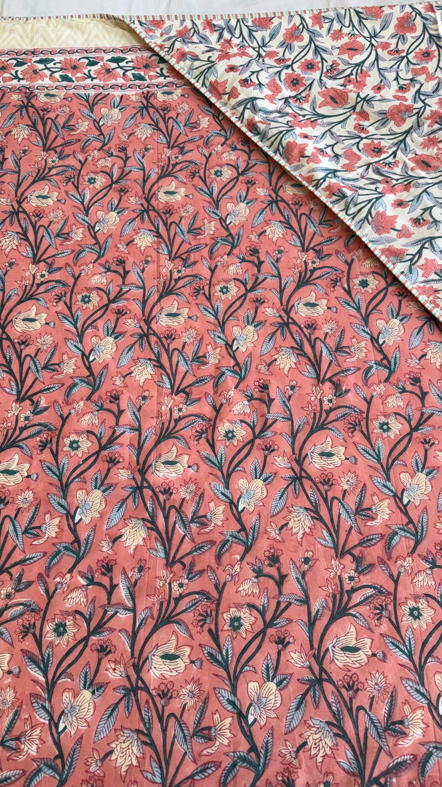 Coral Blossom Handblock Print Mul Mul Cotton Dohar