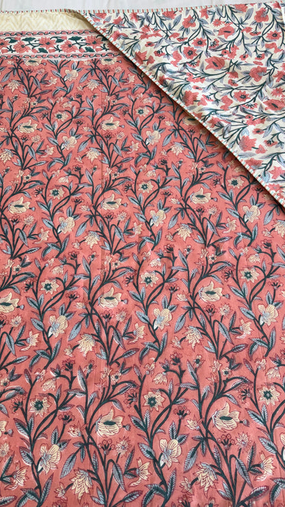 Coral Blossom Handblock Print Mul Mul Cotton Dohar